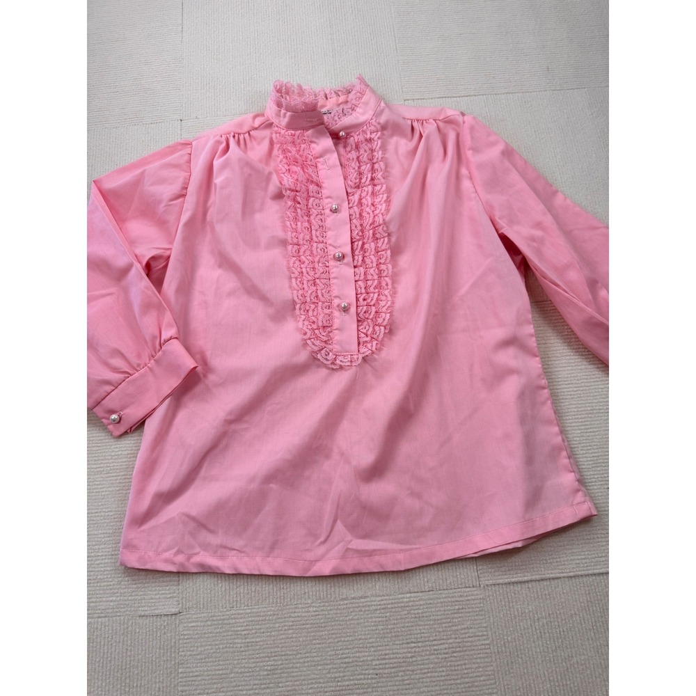 Vintage StyleTrix Pink Lace Ruffle Blouse Pearl Button Victorian Top Size 6 USA